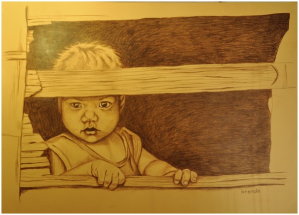 boy looking through shack window